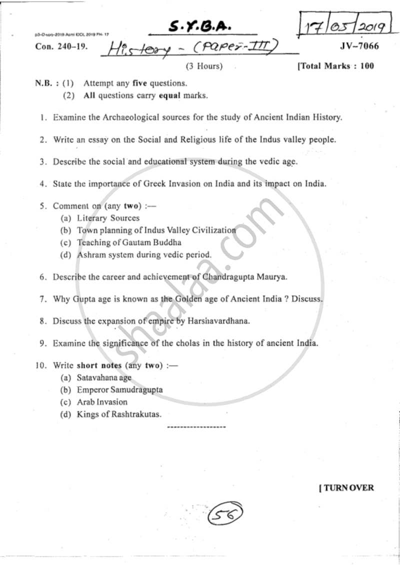 Ancient India (Up to 1000 Ad) 2018-2019 - B.A. - 2nd Year (SYBA) - University of Mumbai question paper with PDF download