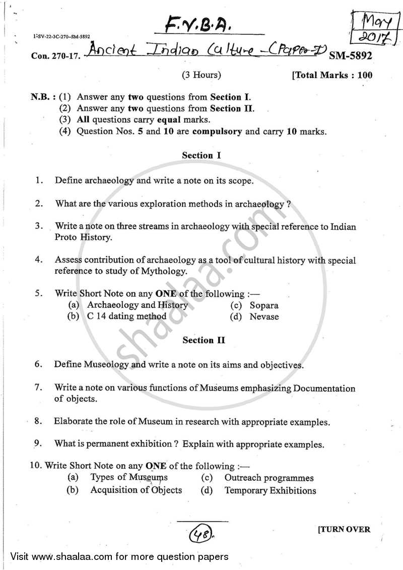 Ancient Indian Culture 2016-2017 - B.A. - Semester 1 (FYBA) - University of Mumbai question paper with PDF download