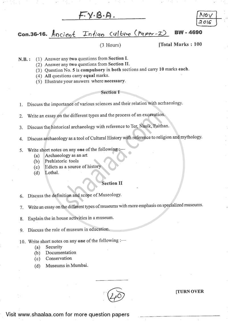 Ancient Indian Culture 2016-2017 - B.A. - Semester 1 (FYBA) - University of Mumbai question paper with PDF download