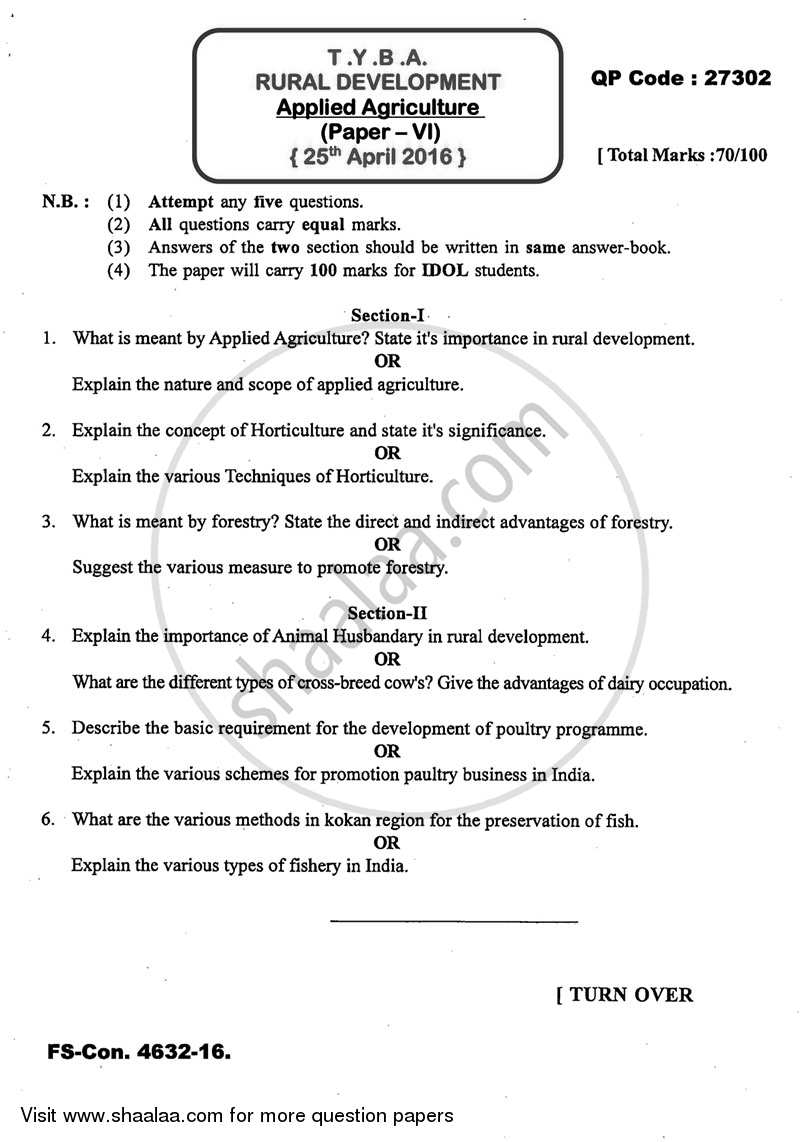 Applied Agriculture 2015-2016 - B.A. - 3rd Year (TYBA) - University of Mumbai question paper with PDF download