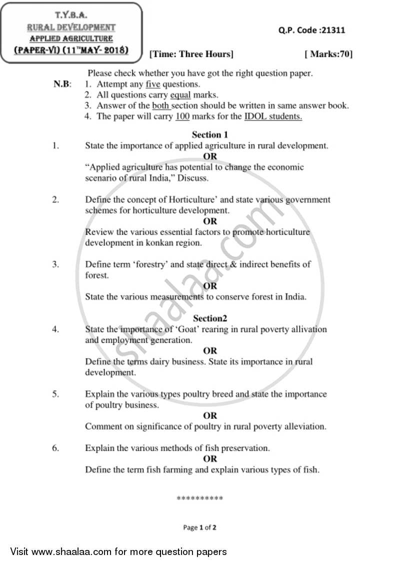 Applied Agriculture 2017-2018 - B.A. - 3rd Year (TYBA) - University of Mumbai question paper with PDF download