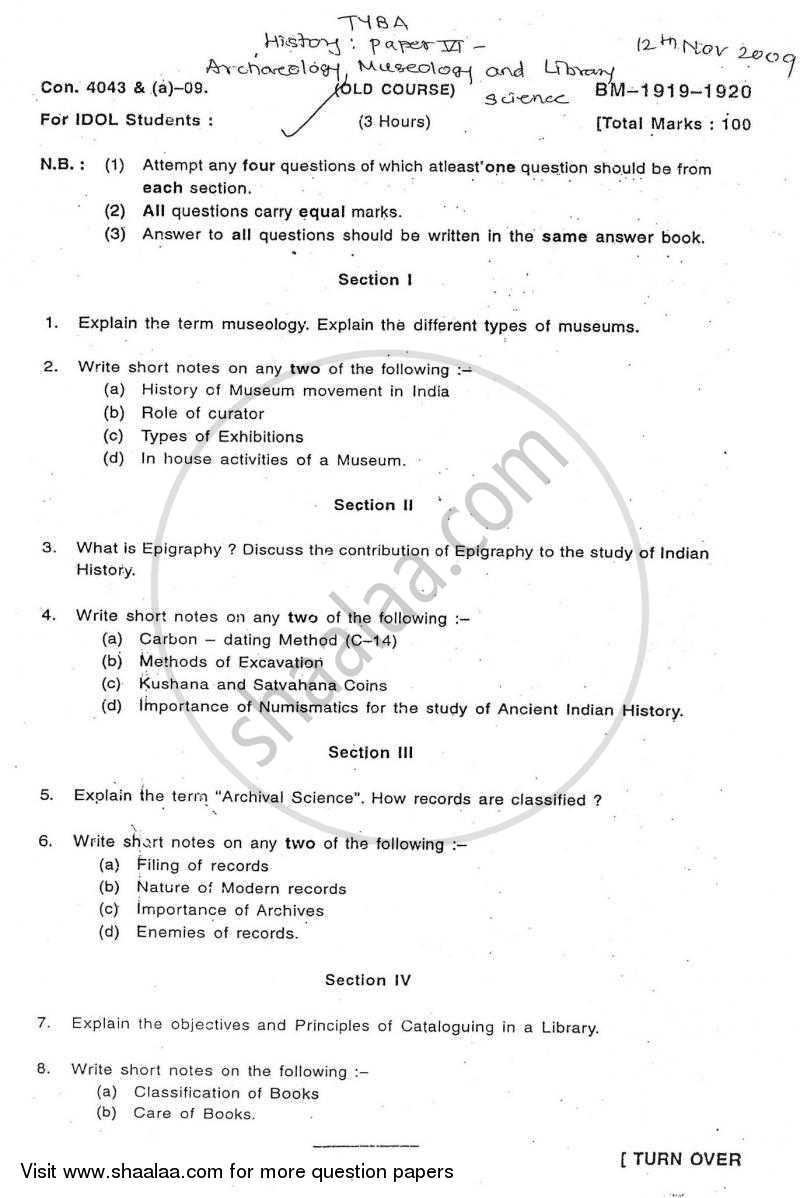 Archaeology, Museology and Library Science 2009-2010 - B.A. - 3rd Year (TYBA) - University of Mumbai question paper with PDF download