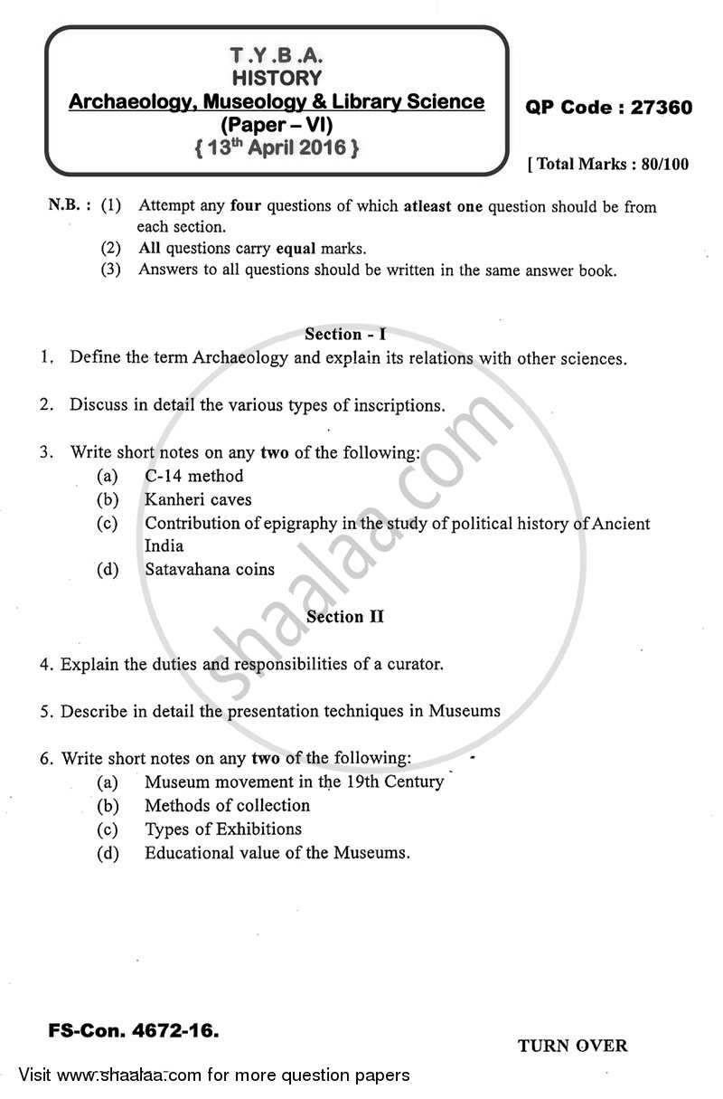 Archaeology, Museology and Library Science 2015-2016 - B.A. - 3rd Year (TYBA) - University of Mumbai question paper with PDF download