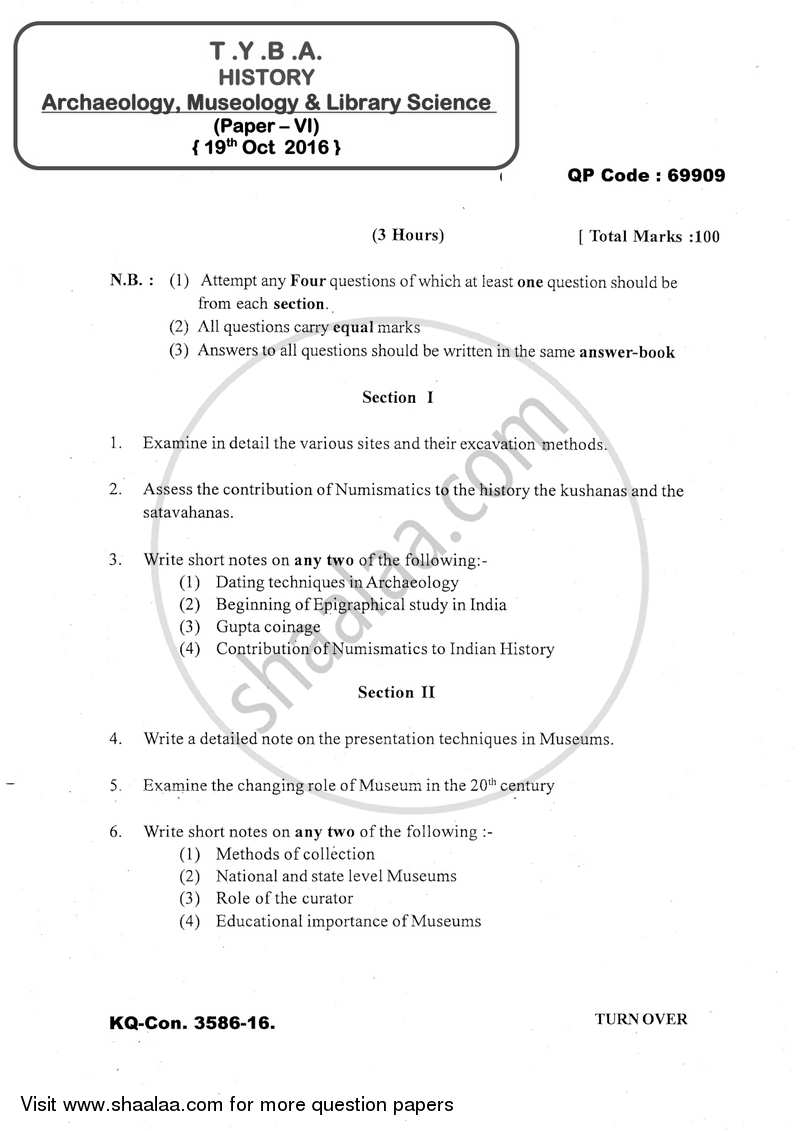 Archaeology, Museology and Library Science 2016-2017 - B.A. - 3rd Year (TYBA) - University of Mumbai question paper with PDF download