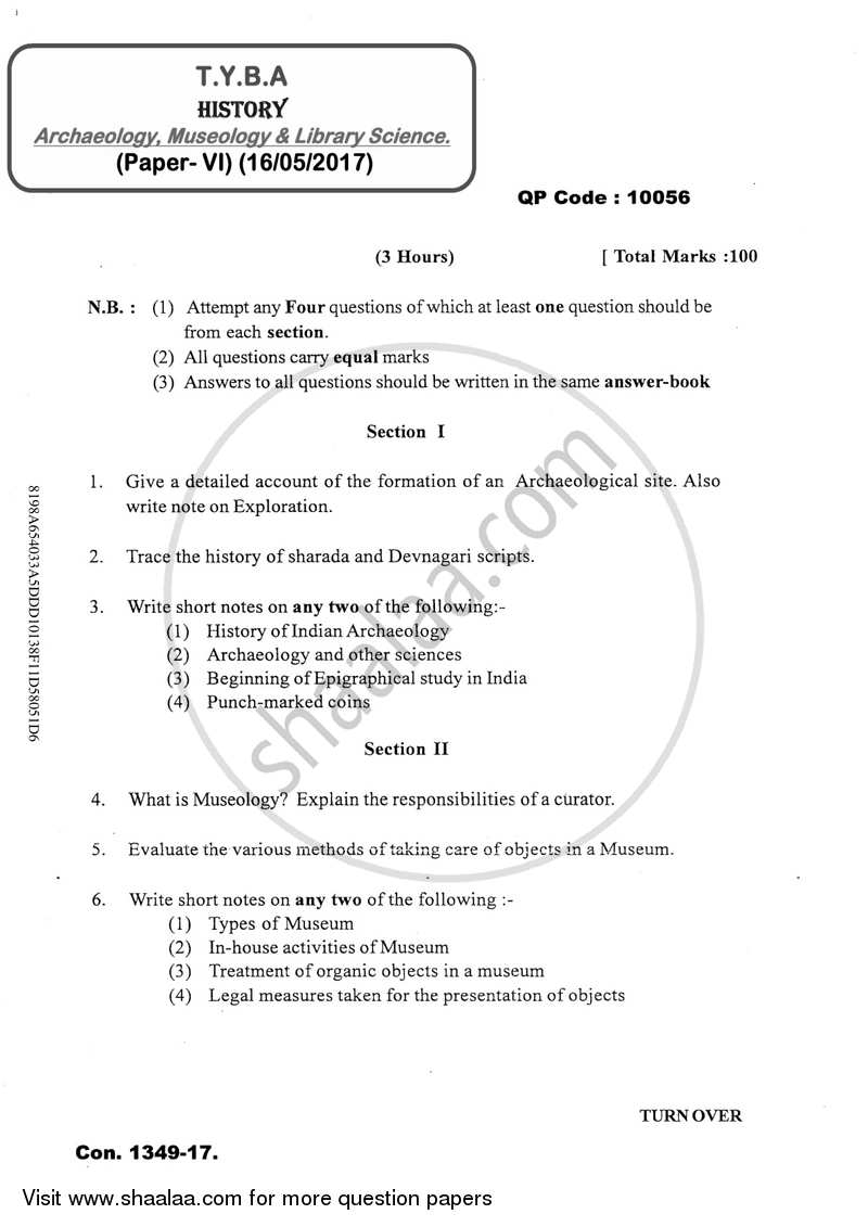 Archaeology, Museology and Library Science 2016-2017 - B.A. - 3rd Year (TYBA) - University of Mumbai question paper with PDF download