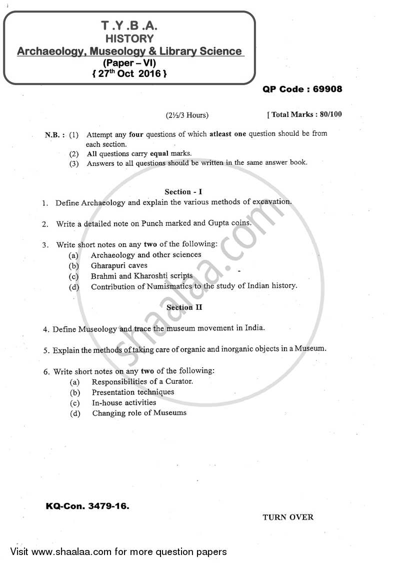 Archaeology, Museology and Library Science 2016-2017 - B.A. - 3rd Year (TYBA) - University of Mumbai question paper with PDF download