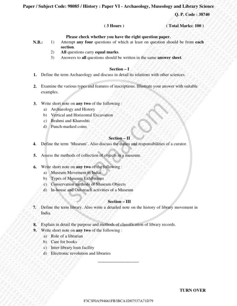 Archaeology, Museology and Library Science 2018-2019 - B.A. - 3rd Year (TYBA) - University of Mumbai question paper with PDF download