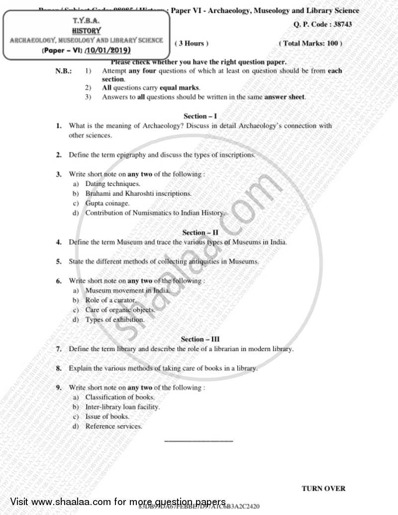 Archaeology, Museology and Library Science 2018-2019 - B.A. - 3rd Year (TYBA) - University of Mumbai question paper with PDF download