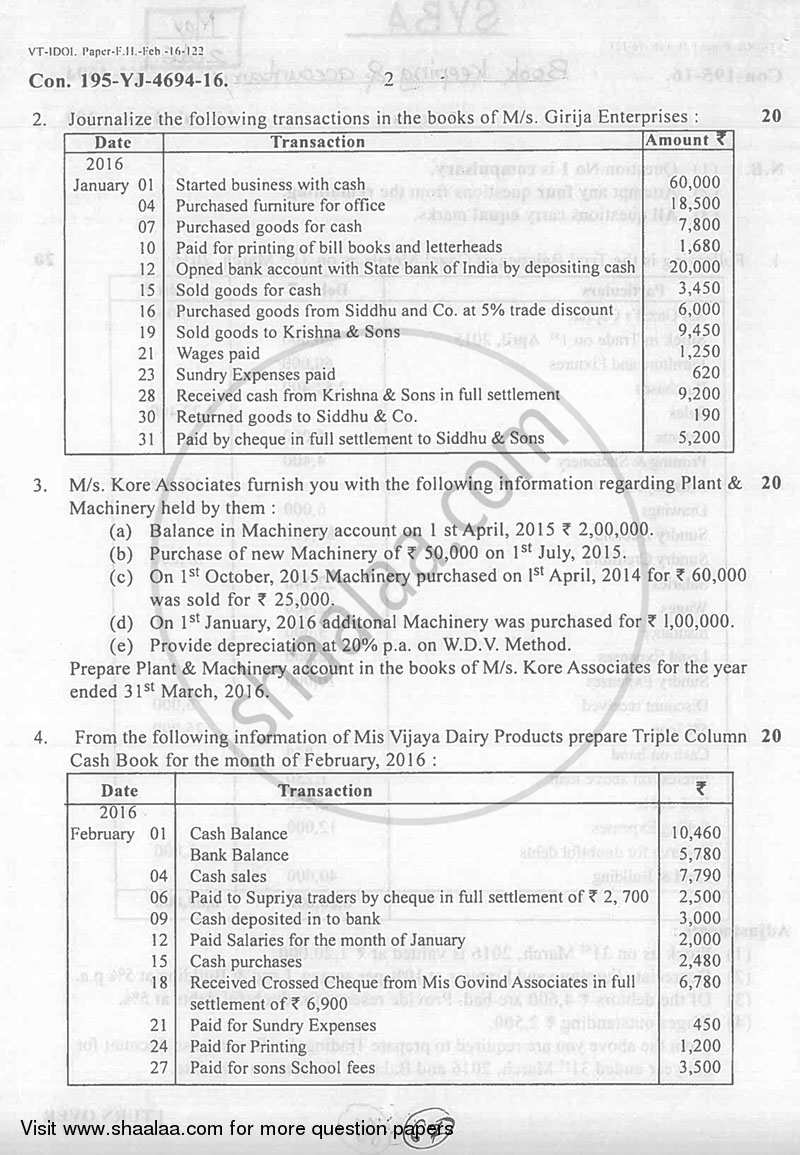 Book Keeping and accountancy 2015-2016 - B.A. - 2nd Year (SYBA) - University of Mumbai question paper with PDF download
