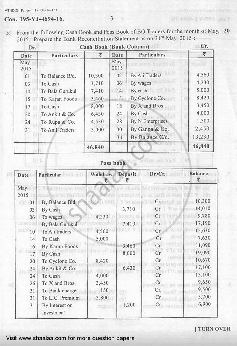 Book Keeping and accountancy 2015-2016 - B.A. - 2nd Year (SYBA) - University of Mumbai question paper with PDF download