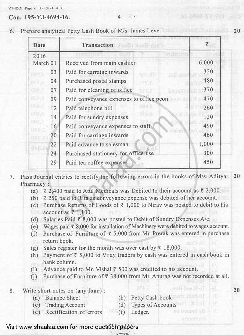 Book Keeping and accountancy 2015-2016 - B.A. - 2nd Year (SYBA) - University of Mumbai question paper with PDF download