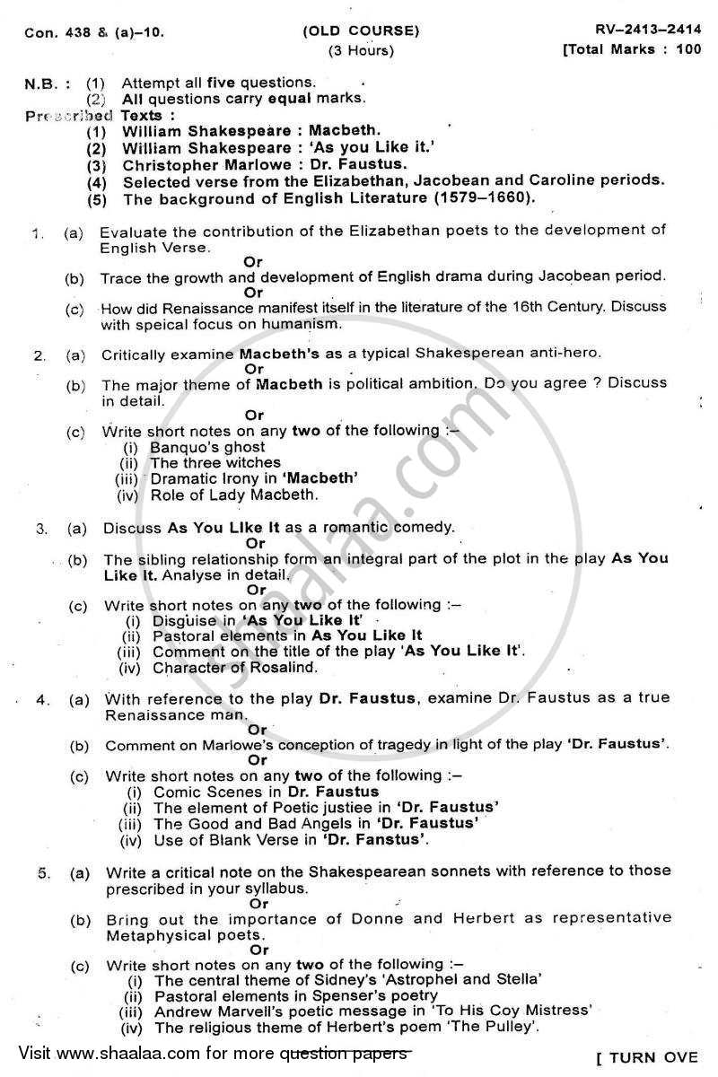 British Literature from 1550 ‐ 1750 2009-2010 - B.A. - 3rd Year (TYBA) - University of Mumbai question paper with PDF download