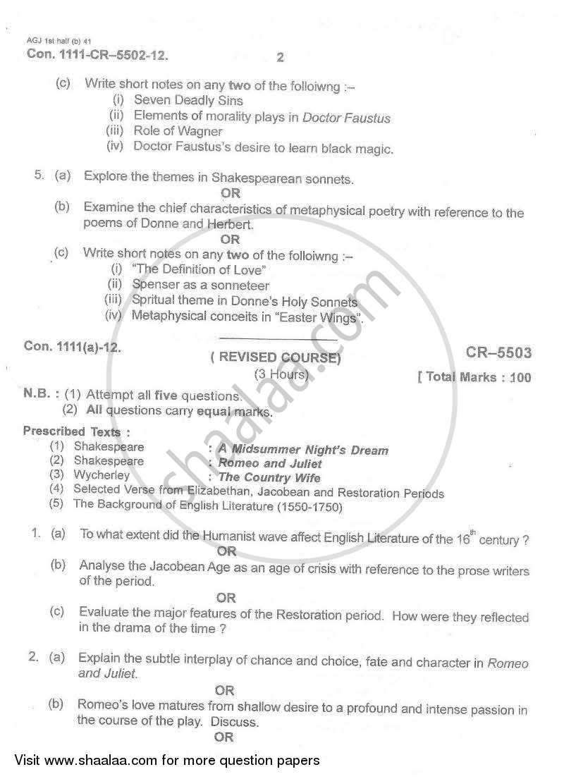 British Literature from 1550 ‐ 1750 2011-2012 - B.A. - 3rd Year (TYBA) - University of Mumbai question paper with PDF download