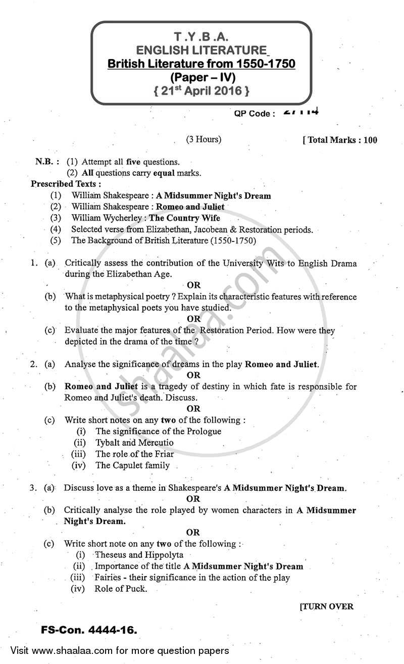 British Literature from 1550 ‐ 1750 2015-2016 - B.A. - 3rd Year (TYBA) - University of Mumbai question paper with PDF download
