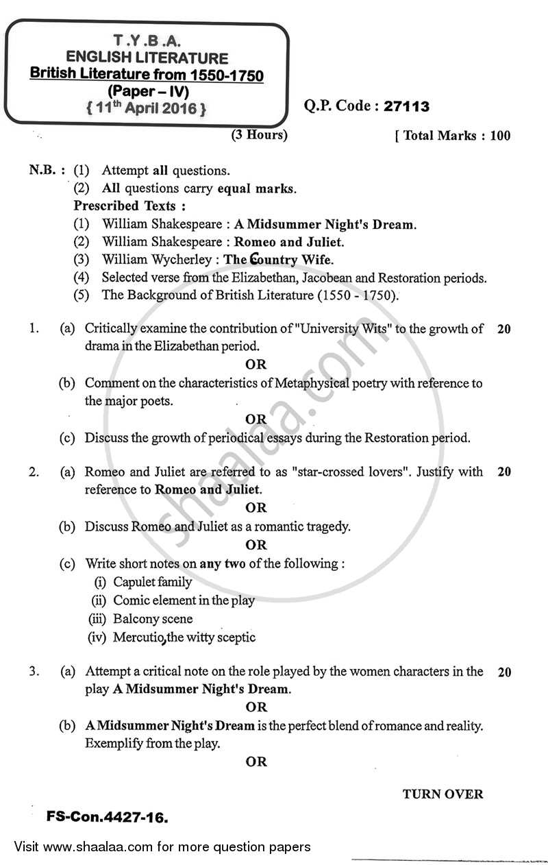 British Literature from 1550 ‐ 1750 2015-2016 - B.A. - 3rd Year (TYBA) - University of Mumbai question paper with PDF download