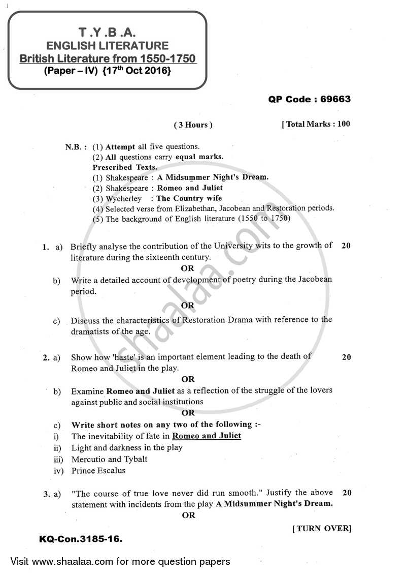British Literature from 1550 ‐ 1750 2016-2017 - B.A. - 3rd Year (TYBA) - University of Mumbai question paper with PDF download