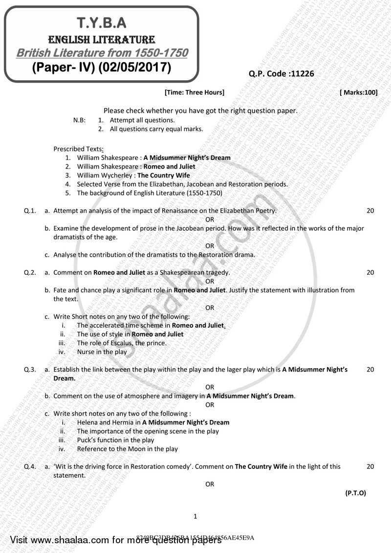 British Literature from 1550 ‐ 1750 2016-2017 - B.A. - 3rd Year (TYBA) - University of Mumbai question paper with PDF download