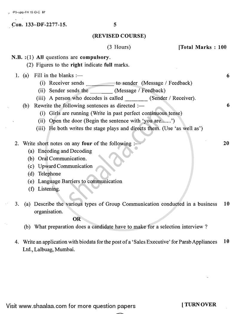 Business Communication 2014-2015 - B.A. - 2nd Year (SYBA) - University of Mumbai question paper with PDF download
