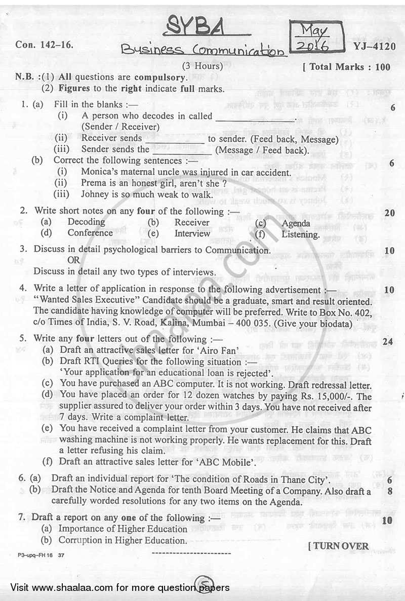 Business Communication 2015-2016 - B.A. - 2nd Year (SYBA) - University of Mumbai question paper with PDF download