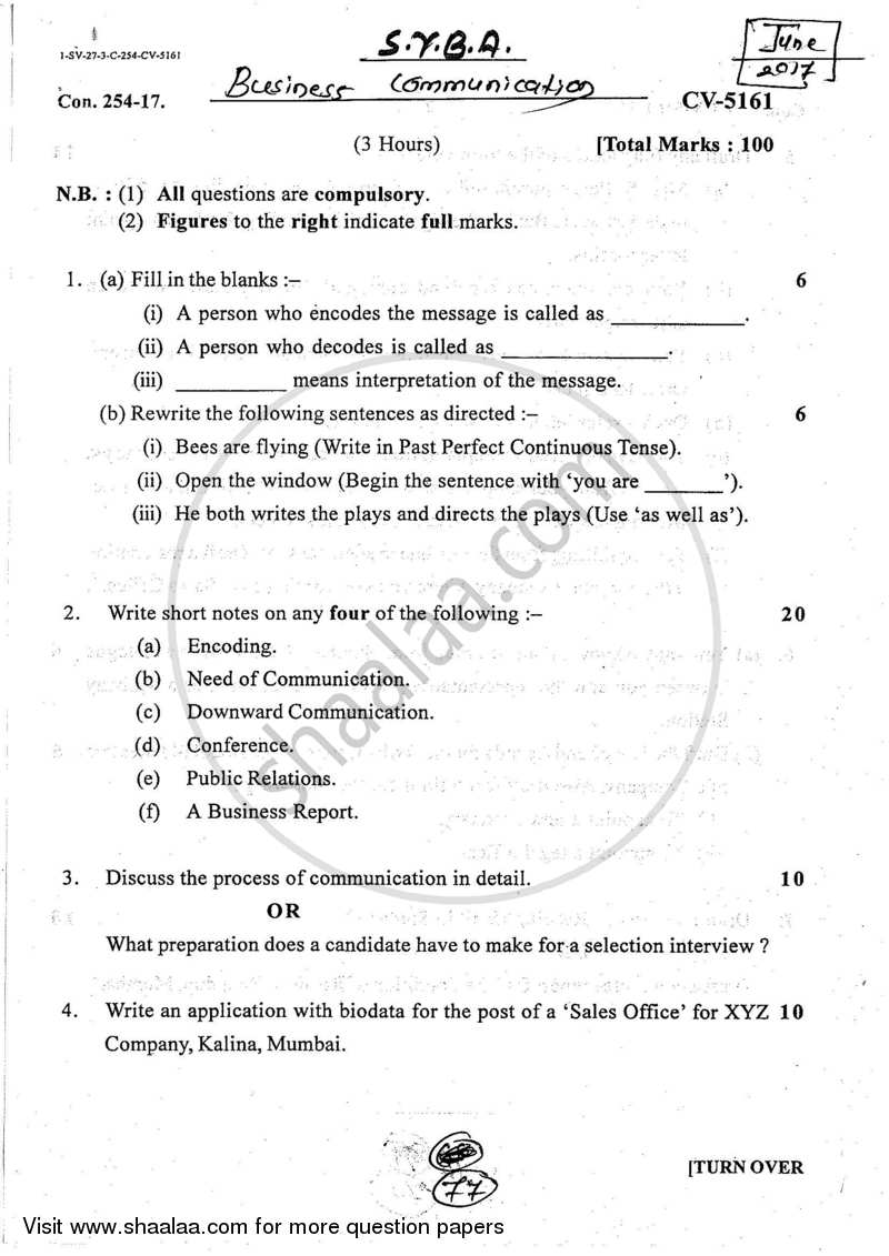 Business Communication 2016-2017 - B.A. - 2nd Year (SYBA) - University of Mumbai question paper with PDF download