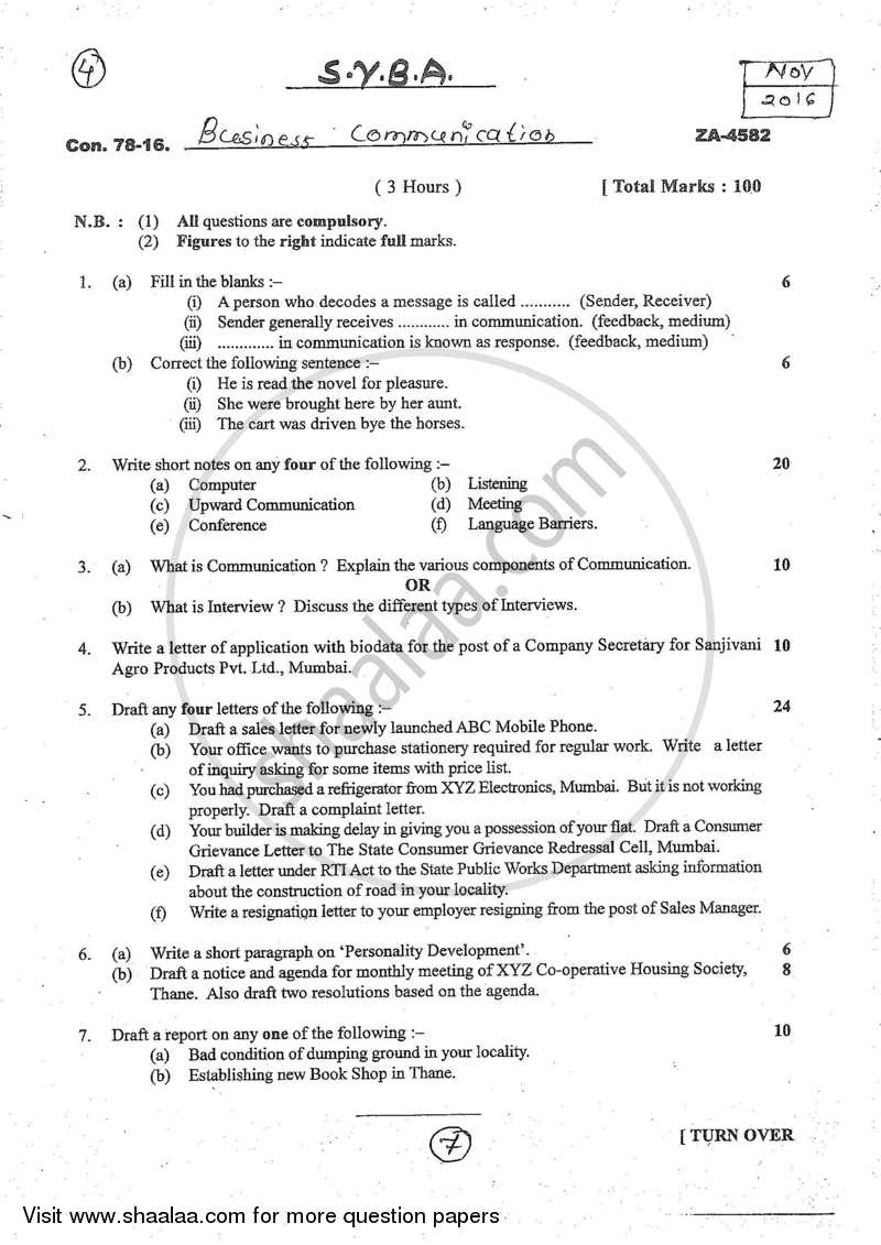 Business Communication 2016-2017 - B.A. - 2nd Year (SYBA) - University of Mumbai question paper with PDF download