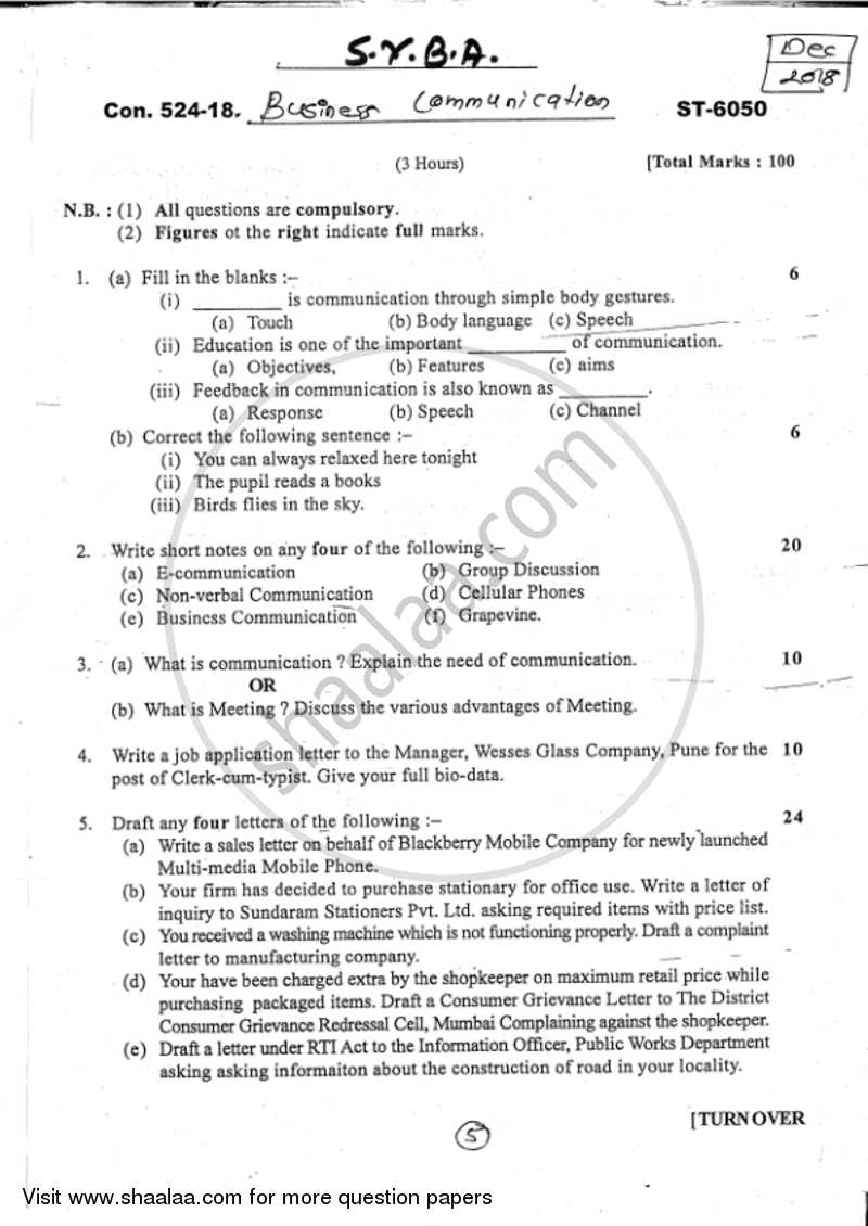 Business Communication 2017-2018 - B.A. - 2nd Year (SYBA) - University of Mumbai question paper with PDF download