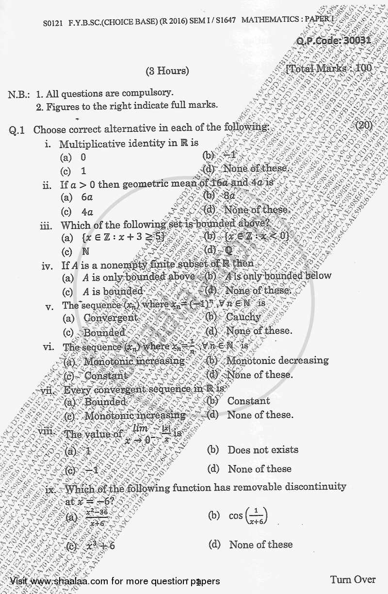 Calculus 1 2017-2018 - B.A. - Semester 1 (FYBA) - University of Mumbai question paper with PDF download