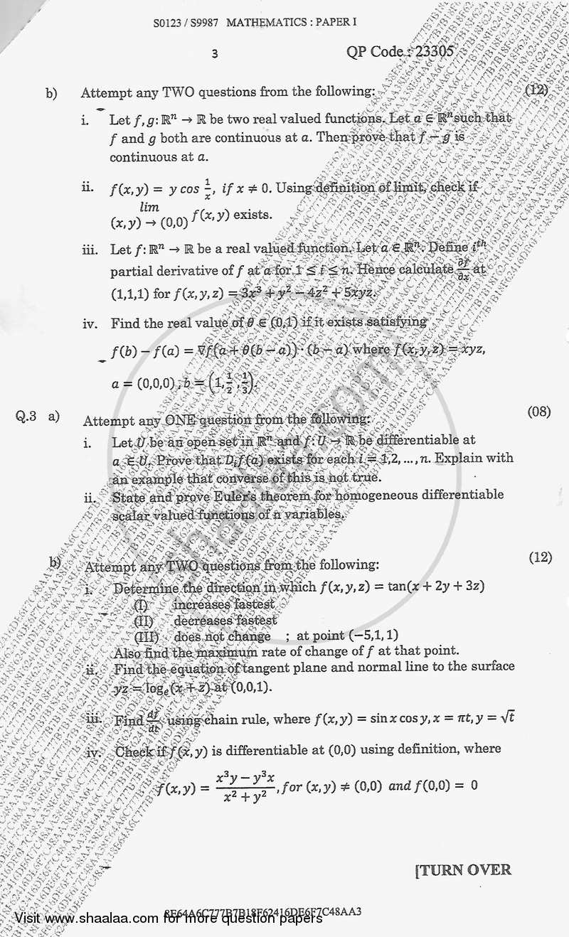 Calculus and Analysis 1 2017-2018 - B.A. - Semester 3 (SYBA) - University of Mumbai question paper with PDF download
