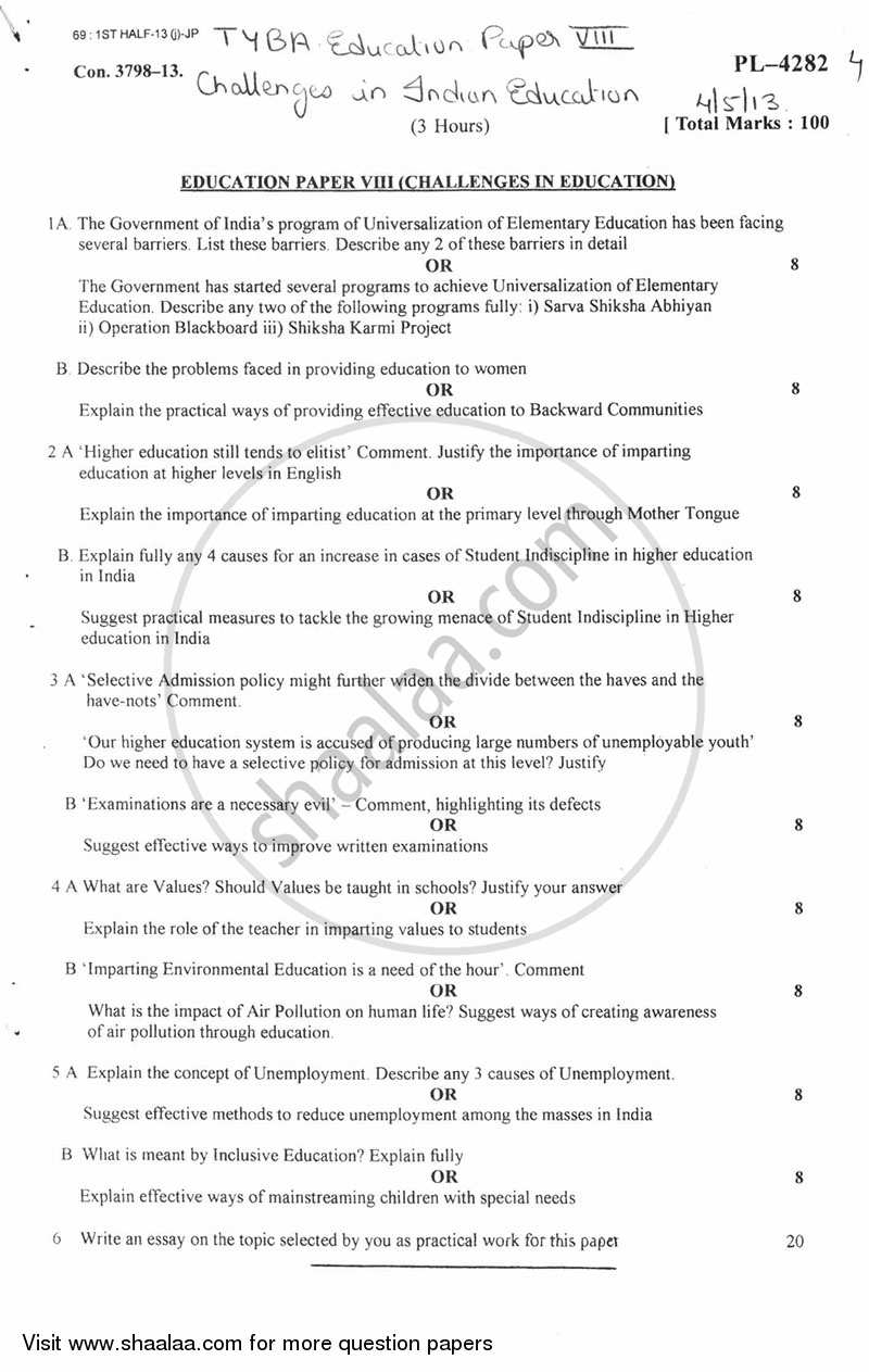 Challenges in Indian Education 2012-2013 - B.A. - 3rd Year (TYBA) - University of Mumbai question paper with PDF download
