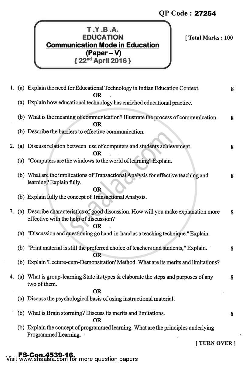 Communication Mode in Education 2015-2016 - B.A. - 3rd Year (TYBA) - University of Mumbai question paper with PDF download