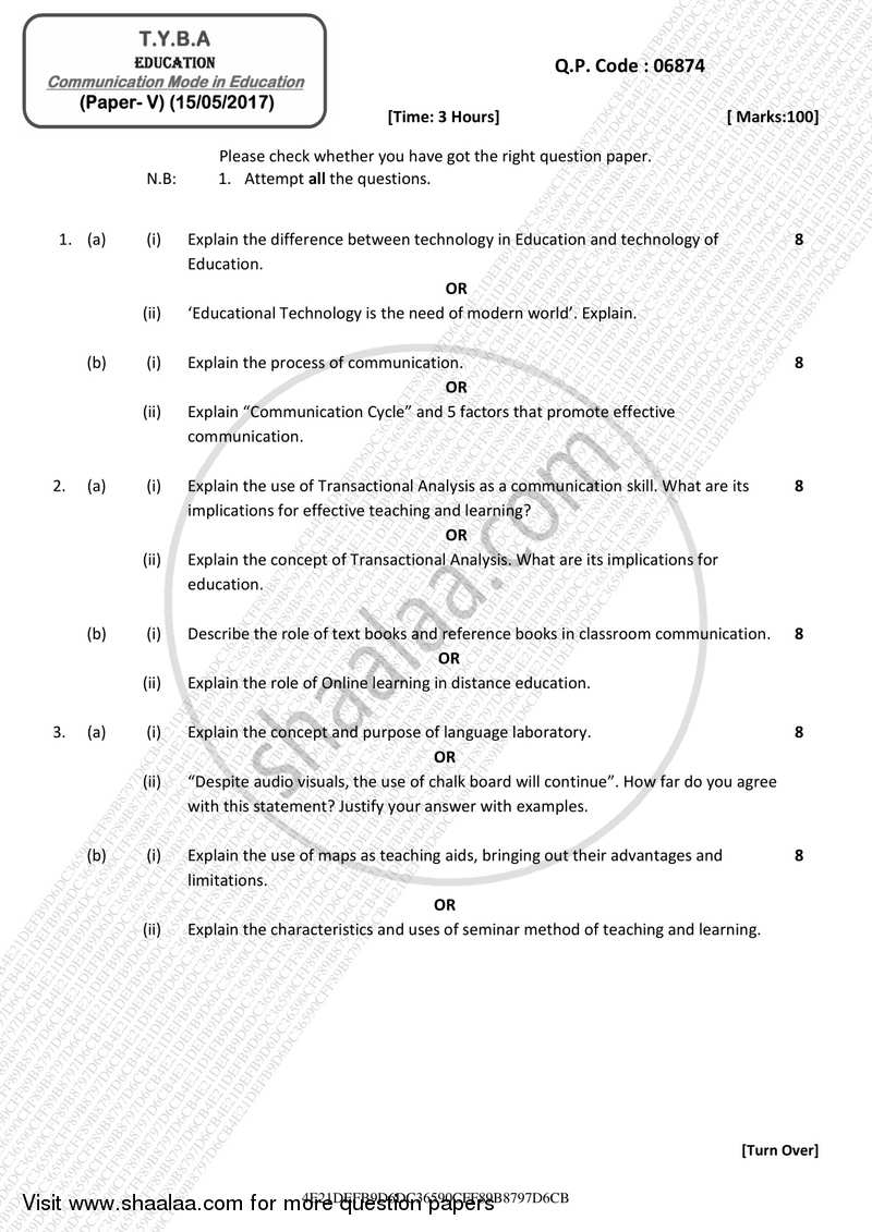 Communication Mode in Education 2016-2017 - B.A. - 3rd Year (TYBA) - University of Mumbai question paper with PDF download