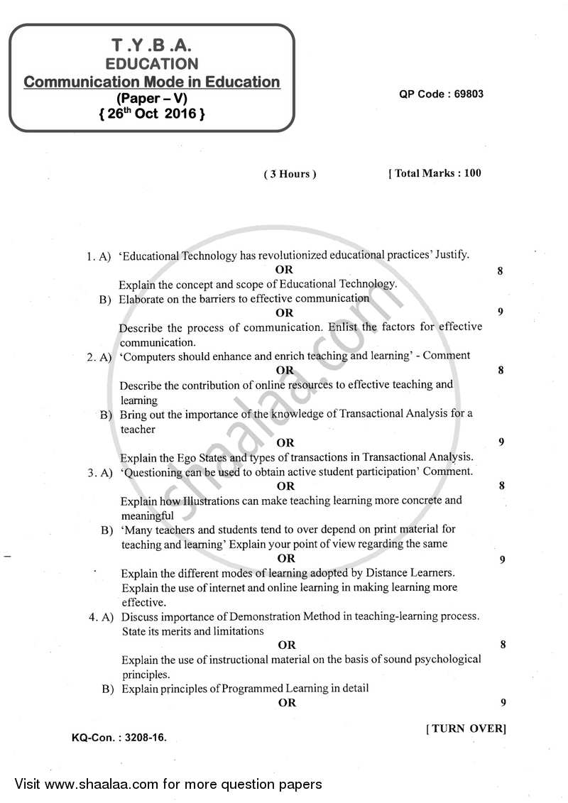 Communication Mode in Education 2016-2017 - B.A. - 3rd Year (TYBA) - University of Mumbai question paper with PDF download