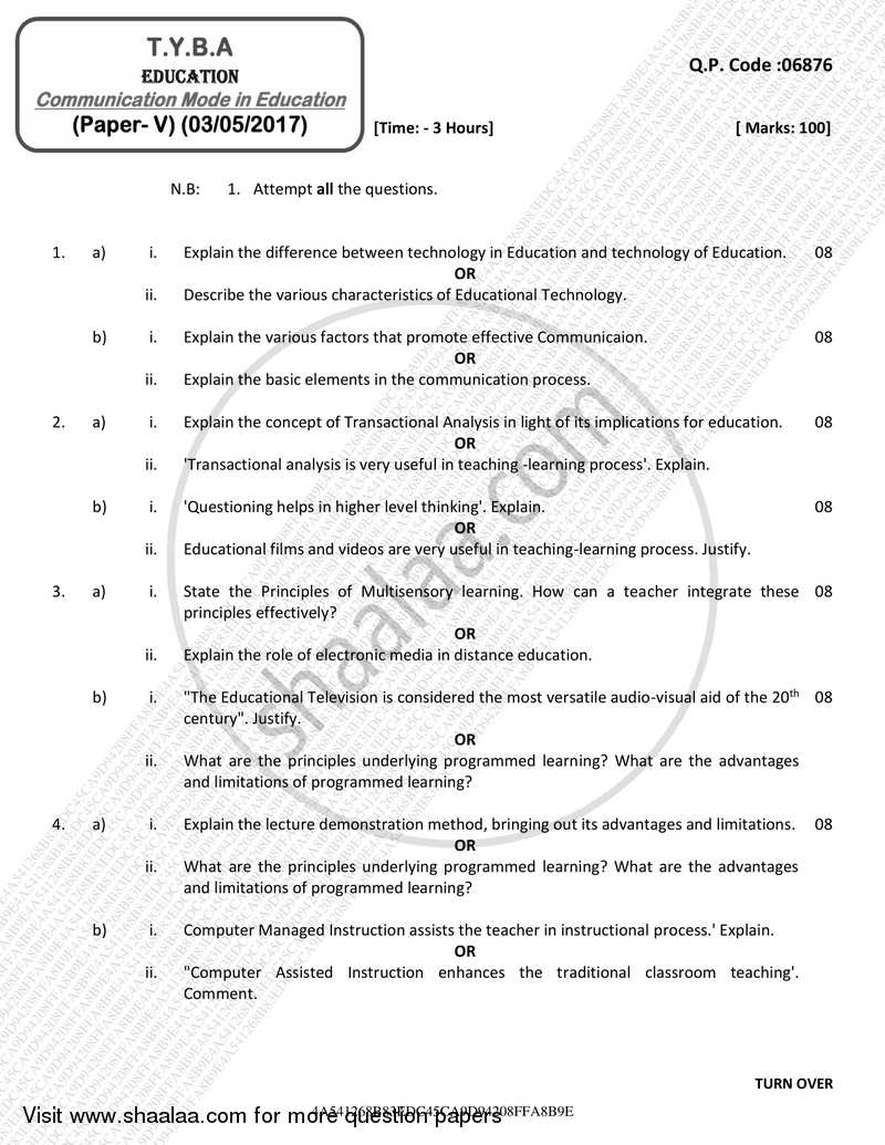 Communication Mode in Education 2016-2017 - B.A. - 3rd Year (TYBA) - University of Mumbai question paper with PDF download