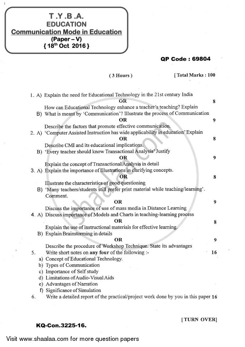 Communication Mode in Education 2016-2017 - B.A. - 3rd Year (TYBA) - University of Mumbai question paper with PDF download
