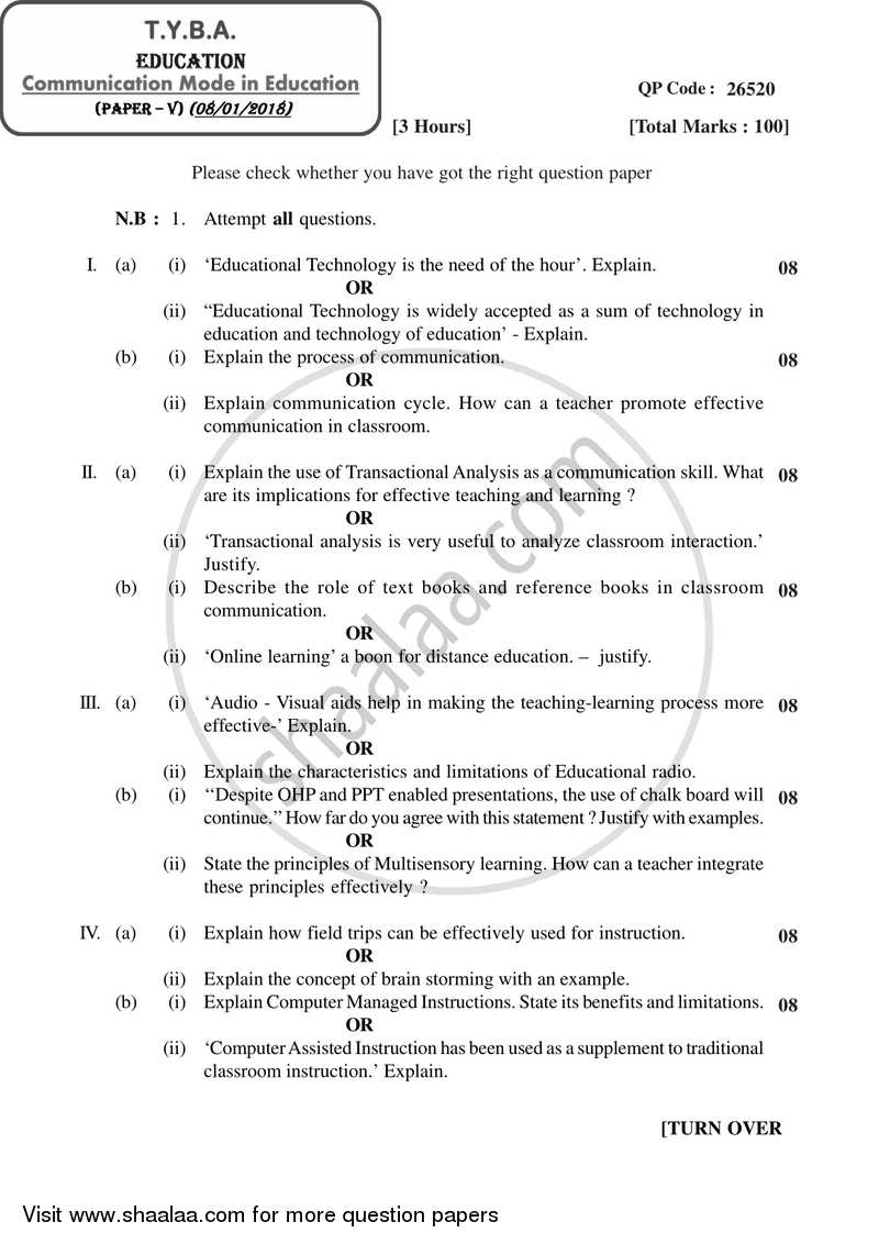 Communication Mode in Education 2017-2018 - B.A. - 3rd Year (TYBA) - University of Mumbai question paper with PDF download