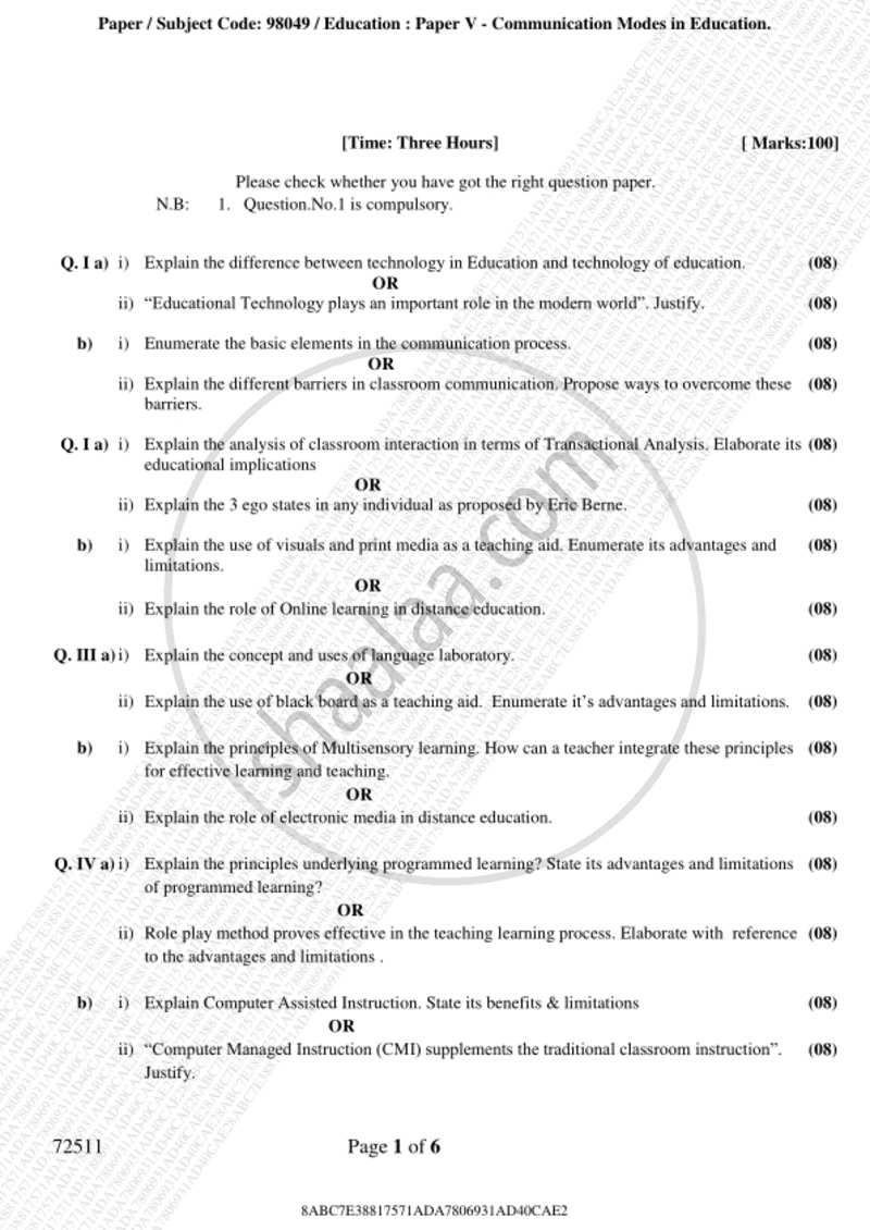 Communication Mode in Education 2018-2019 - B.A. - 3rd Year (TYBA) - University of Mumbai question paper with PDF download