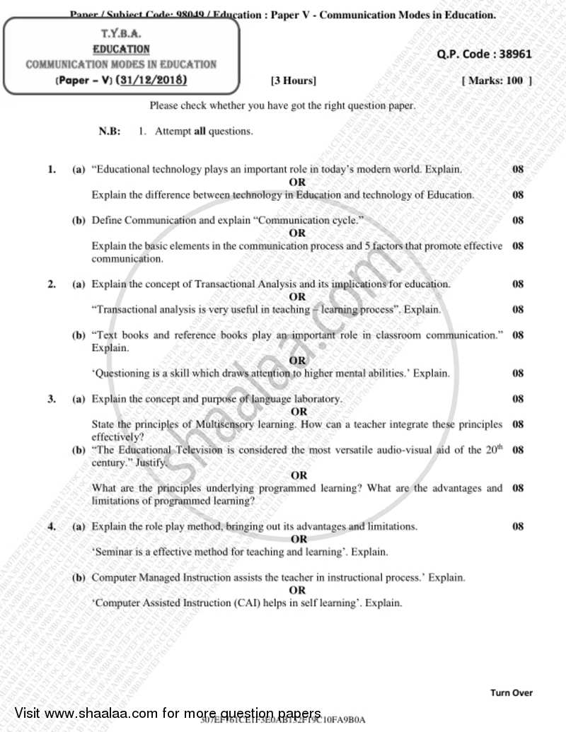 Communication Mode in Education 2018-2019 - B.A. - 3rd Year (TYBA) - University of Mumbai question paper with PDF download