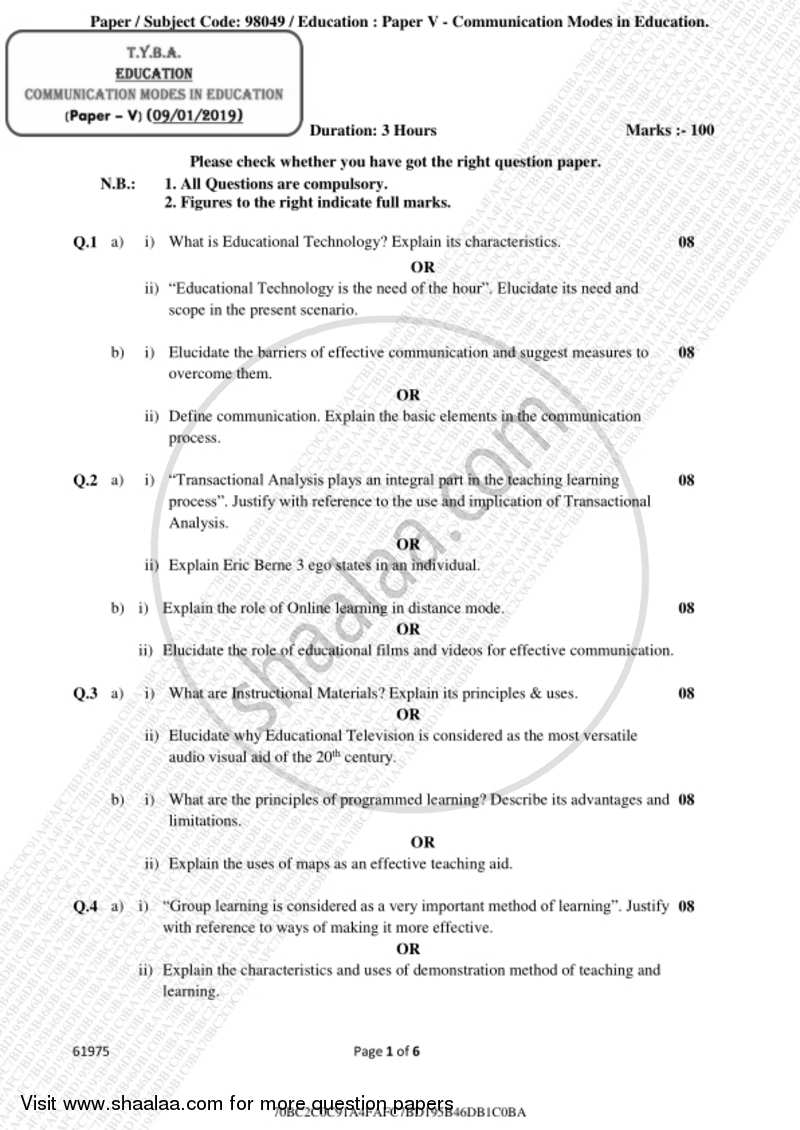 Communication Mode in Education 2018-2019 - B.A. - 3rd Year (TYBA) - University of Mumbai question paper with PDF download