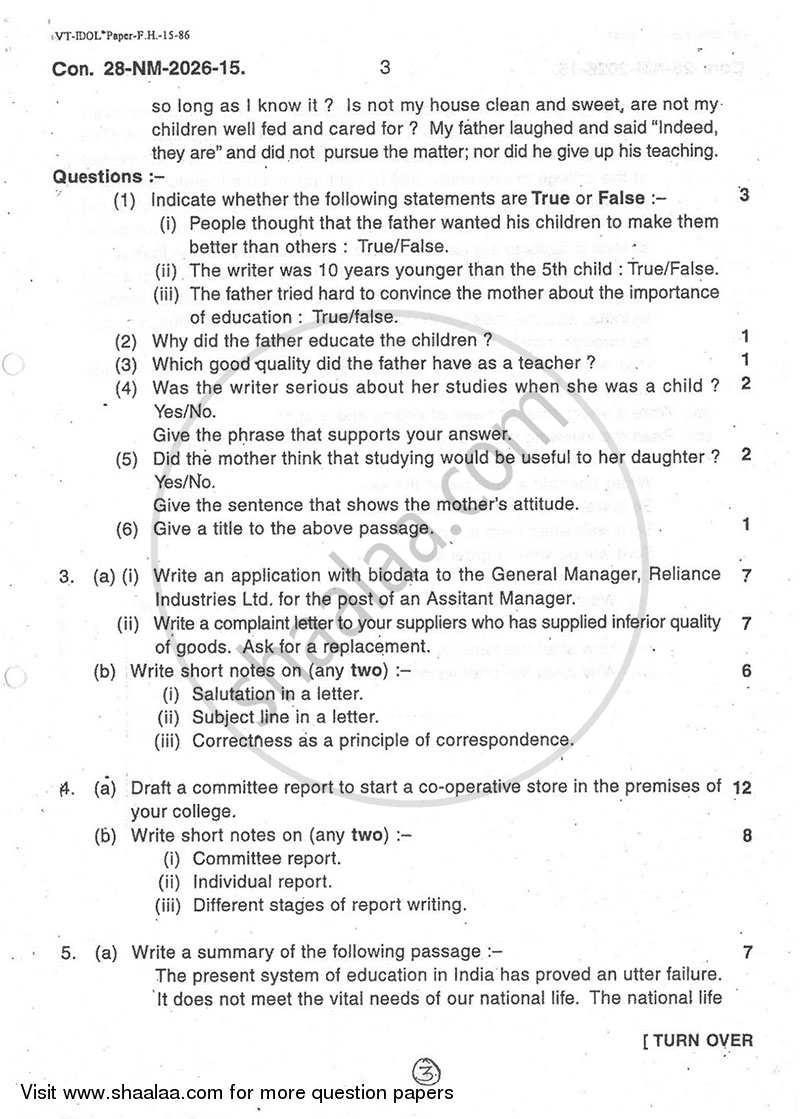 Communication Skill in English 2014-2015 - B.A. - 1st Year (FYBA) - University of Mumbai question paper with PDF download