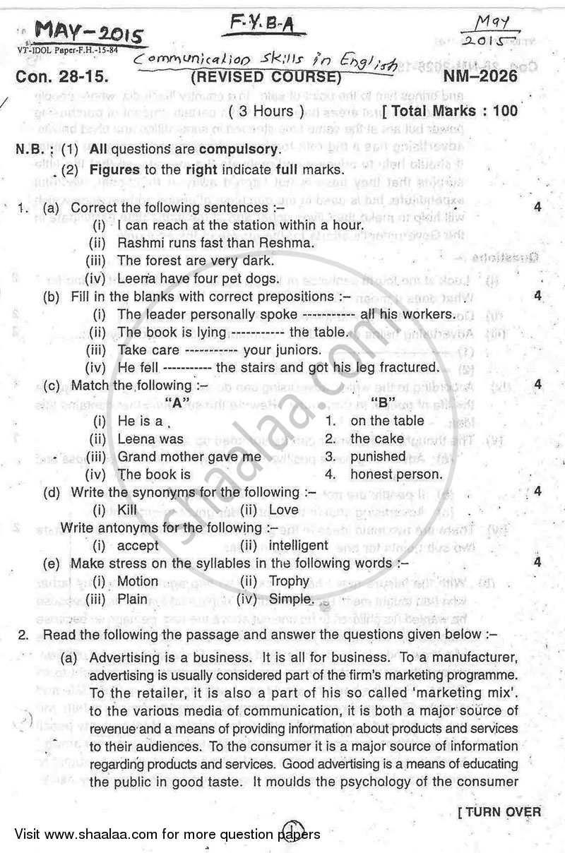 Communication Skill in English 2014-2015 - B.A. - 1st Year (FYBA) - University of Mumbai question paper with PDF download
