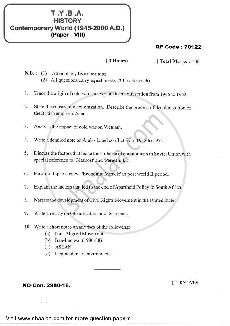 Contemporary World (1945‐2000 AD) 2016-2017 - B.A. - 3rd Year (TYBA) - University of Mumbai question paper with PDF download