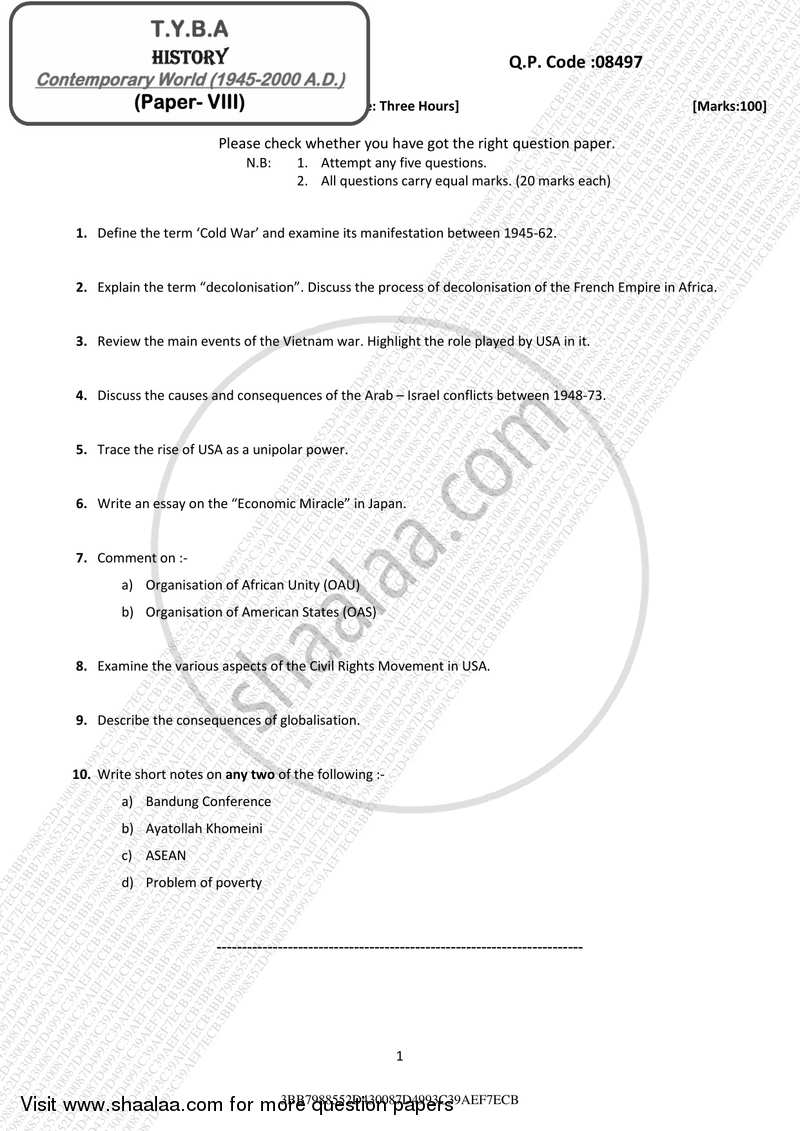 Contemporary World (1945‐2000 AD) 2016-2017 - B.A. - 3rd Year (TYBA) - University of Mumbai question paper with PDF download