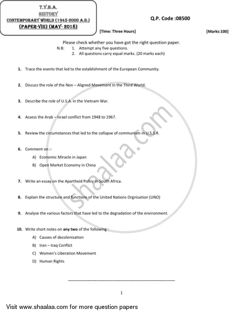 Contemporary World (1945‐2000 AD) 2017-2018 - B.A. - 3rd Year (TYBA) - University of Mumbai question paper with PDF download