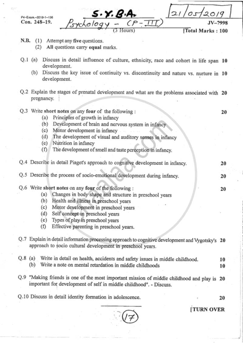Developmental Psychology 2018-2019 - B.A. - 2nd Year (SYBA) - University of Mumbai question paper with PDF download