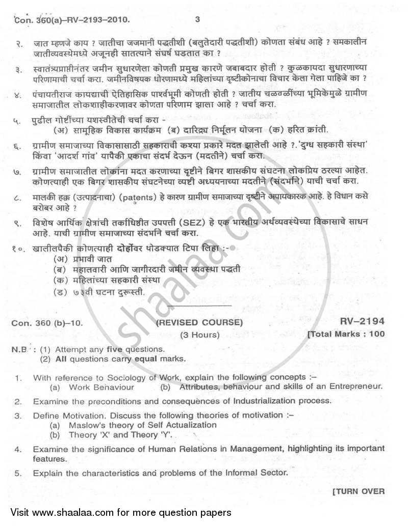 Dynamics of Rural Society 2009-2010 - B.A. - Semester 6 (TYBA) - University of Mumbai question paper with PDF download