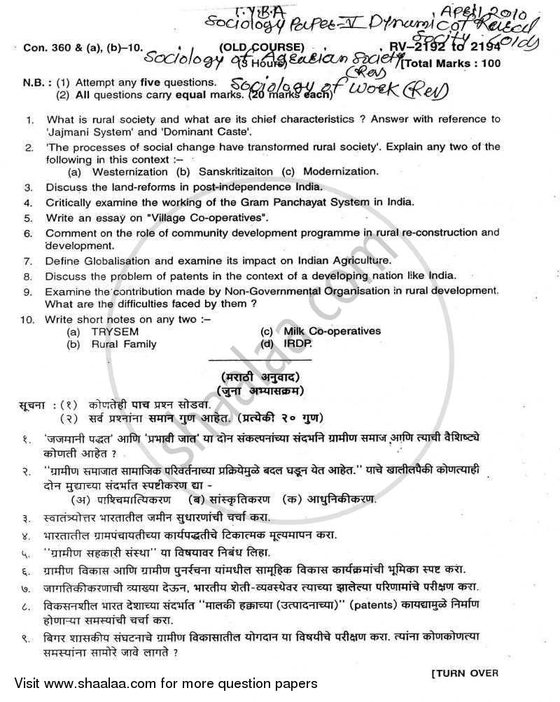 Dynamics of Rural Society 2009-2010 - B.A. - Semester 6 (TYBA) - University of Mumbai question paper with PDF download