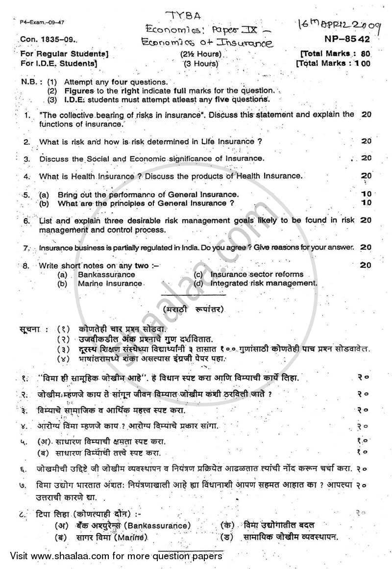 Economics of Insurance 2008-2009 - B.A. - Semester 6 (TYBA) - University of Mumbai question paper with PDF download