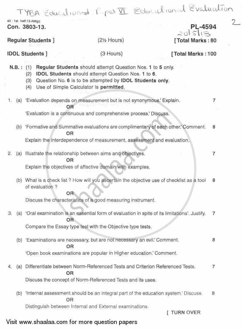 Educational Evaluation 2012-2013 - B.A. - 3rd Year (TYBA) - University of Mumbai question paper with PDF download