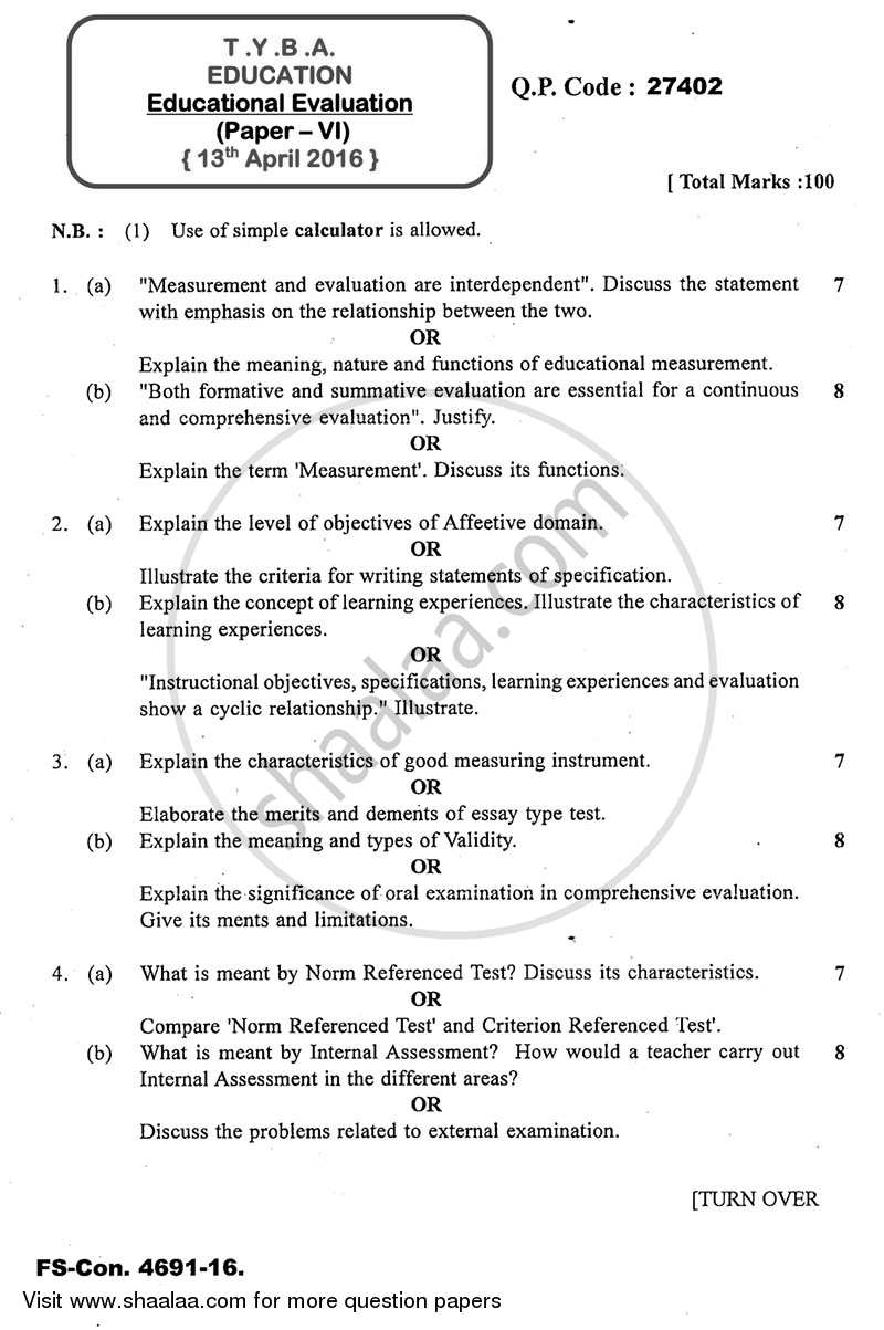 Educational Evaluation 2015-2016 - B.A. - 3rd Year (TYBA) - University of Mumbai question paper with PDF download