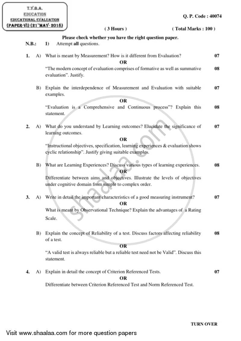 Educational Evaluation 2017-2018 - B.A. - 3rd Year (TYBA) - University of Mumbai question paper with PDF download